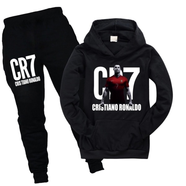 CR7 Ronaldo Gutte Treningsdrakt Fotball Hoodie Genser Hettegenser Topper + Bukser Antrekk Svart 130cm