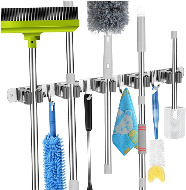 Kost- og moppeholder til vægmontering, SUS304 rustfrit stål-organizer med 4 stativer og 5 kroge, pladsbesparende opbevaring til køkken, garage, vaskerum, have