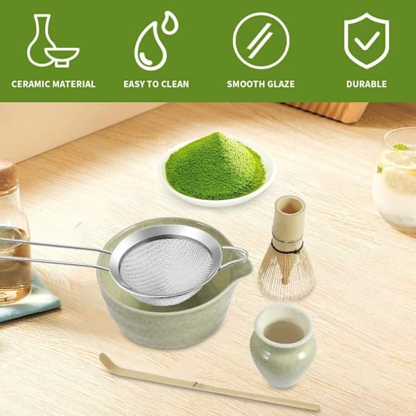 5-delt grønt keramisk matcha-sæt med piskskål og tilbehør grøn