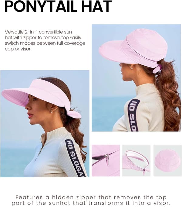 Hatte til kvinder UPF 50+ UV Solbeskyttelse Konvertibel Strandvisirhat Pink Pink
