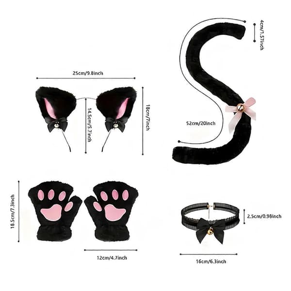 4 pcs/set Cat Costume Cosplay Accessories Set Plush Material Cat Ears Headband Bell Collar Claw Paws Tail Set Whit White One Size