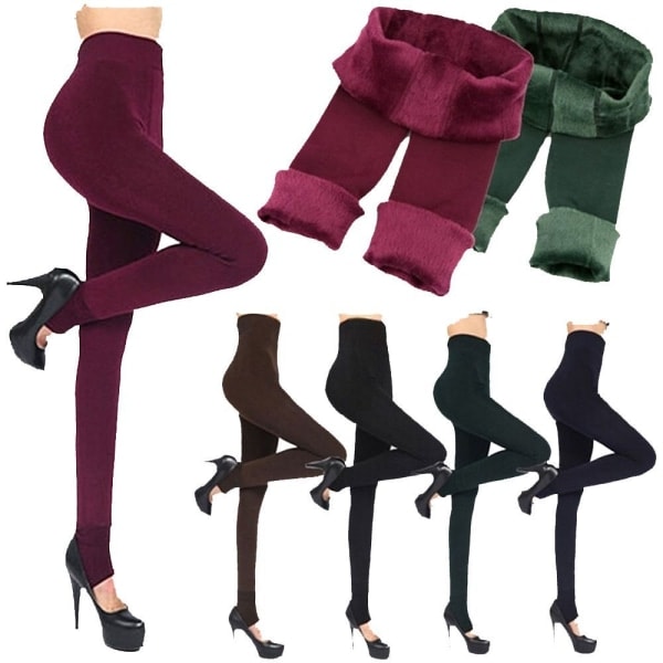 Damernas Solid Winter Varma Fleecefodrade Termiska Leggings WINE RED vinröd