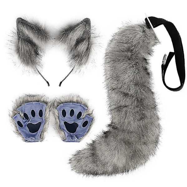 Kunstig Pelsræv Hale Kat Varulv Cosplay Kostume Sæt Plys Maske Fluffy Poter Handsker Halloween Jul-hao-WELLNGS Dark Gray