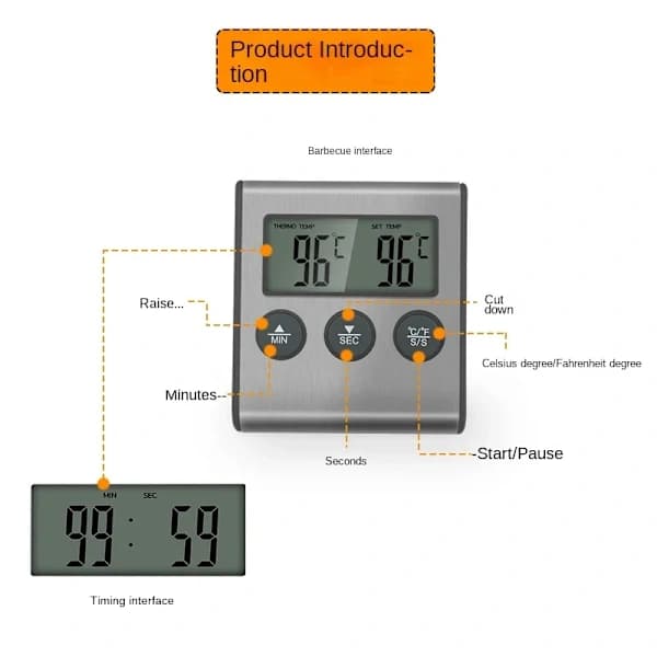 Trådløst digitalt kødtermometer med probe LCD-timer til grillovn køkkenmadlavning sort