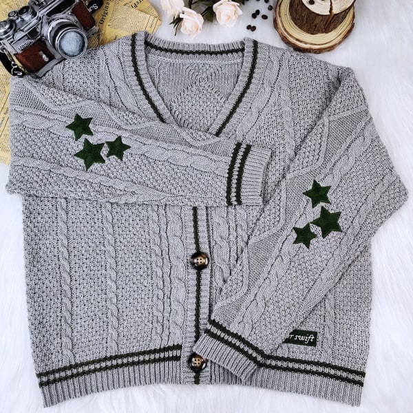 Taylor Swift Star Folklore Cardigan Stjernebroderet Oversized Strikket Trøje Grå M