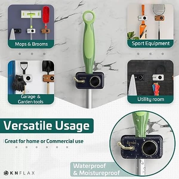 Kost- og moppholder for veggmontering, selvklebende, for vaskerom og leilighet, multifunksjonell, grønn