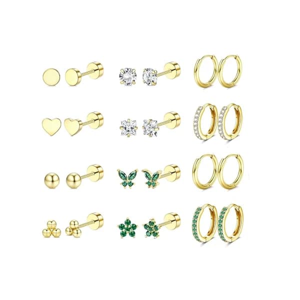 Små øredobber i rustfritt stål, flat bakside for sensitive ører, gullbelagte Gold Plating-Green CZ