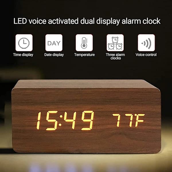 Digital väckarklocka med elektronisk tidvisning i trä, 3 alarm