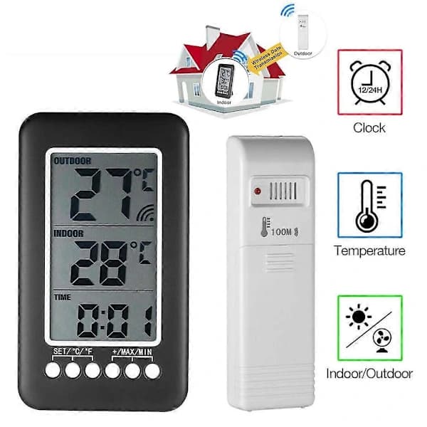 LCD Digital Trådløs Indendørs/Udendørs Termometer Ur Temperaturmåler