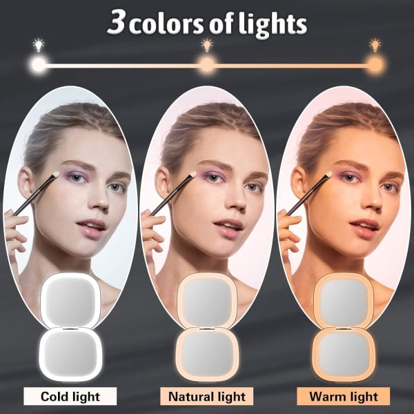 Kompakt spegel med 1X / 10X forstørrelse, bærbar lommespejl, makeup spejl med 2-sidet LED-lys, USB-C opladbar rejsespejl (sort)