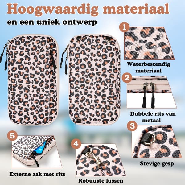 Paspengepung, vandtæt nylon RFID-blokerende organizer med lynlås og flere rum til rejser, leopard