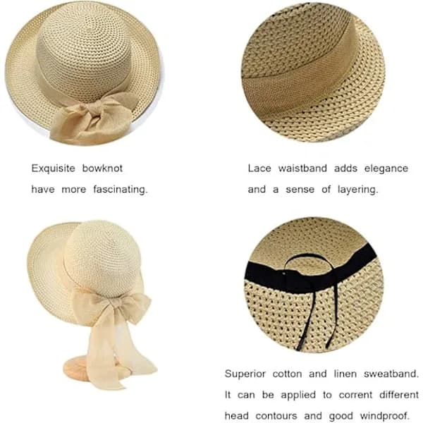 Solhatt Sammenleggbar Hatt for Dame Kvinner Sommer Solhatt Rullet Kant Strand Solhatt Beige