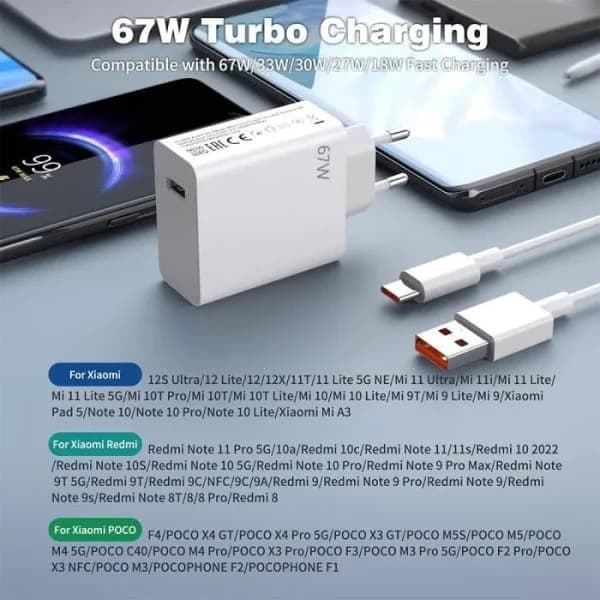 67W Hurtiglader + 1M 6A USB-C-kabel for Xiaomi Redmi 13C, Redmi Note 13 4G-5G, Redmi Note 13 Pro 4G-5G, Note 13 Pro+ 5G