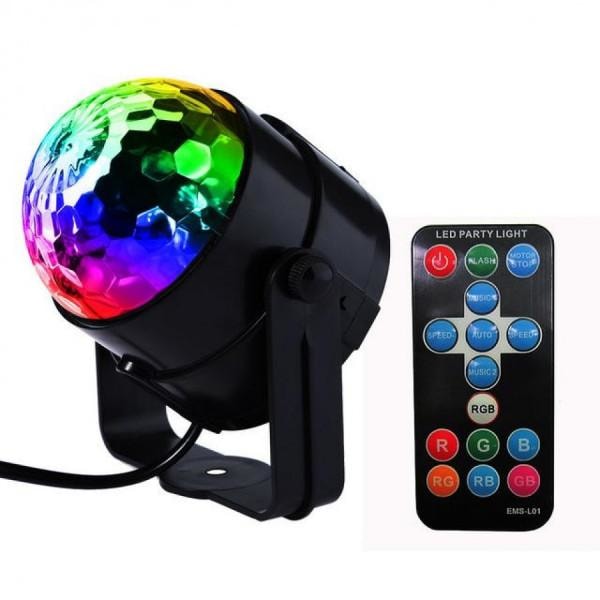 Disco kugle med roterende RGB lys + fjernbetjening (LED Party Light) Black Svart