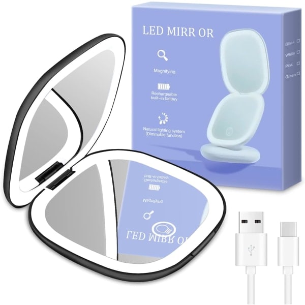Kompakt spegel med 1X / 10X forstørrelse, bærbar lommespejl, makeup spejl med 2-sidet LED-lys, USB-C opladbar rejsespejl (sort)