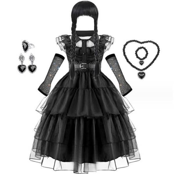 Wednesday Addams tyttöjen musta mekko, ilmaiset asusteet 130CM 130CM