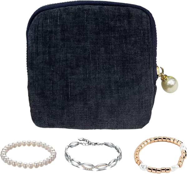 Bærbart Rejsesmykkeskrin med 5 Lag Rum, Blød Satin Roll Up Organizer til Ringe Øreringe Halskæder Ure, Marineblå til Kvinder