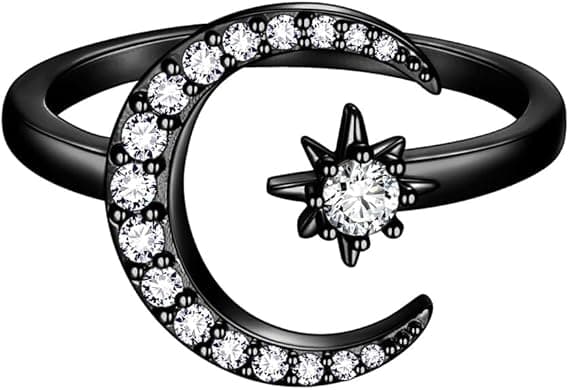 Stjerne- og måneringe Justerbar halvmåne stjerner Åben ring Belagte smykker Gaver til kvinder Sort Black