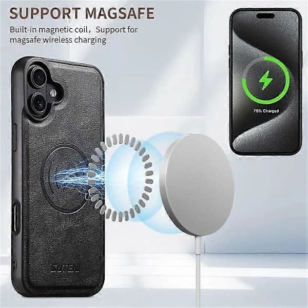Magnetic Case for iPhone 16 Plus with Card Slot, Cowhide Texture Leather Back