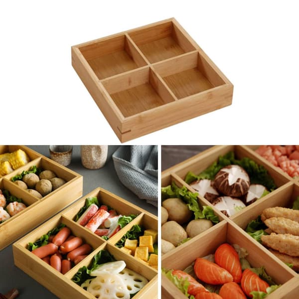 Serveringsbrett i tre med 4 rom, delt snackfat og nøttebeholder (natur) Four-compartment tray