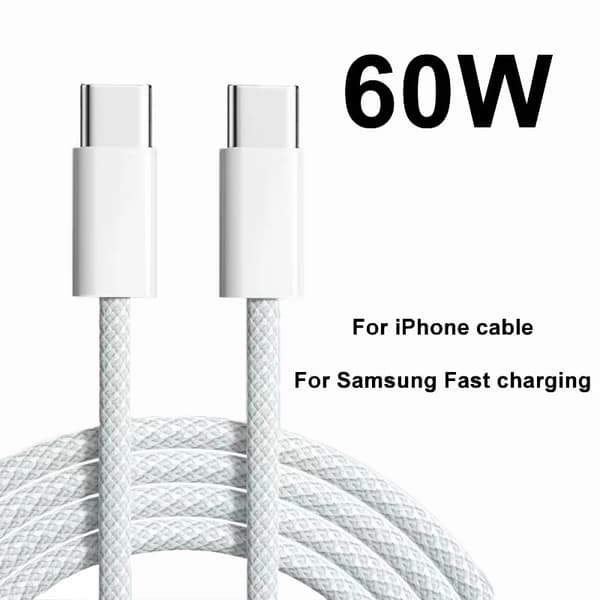 USB Typ C Snabbladdningskabel för Mobiltelefoner, PD 60W Flätad Laddningskabel för iPhone 15 Android Samsung Huawei vit vit white 2m