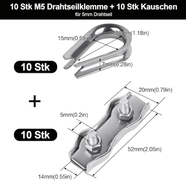 10 Stk. 5mm Stålwireklemme + 10 Stk. Wirekauser, 304 Rustfrit Stål til 3-4mm Stålwire, Tørresnor