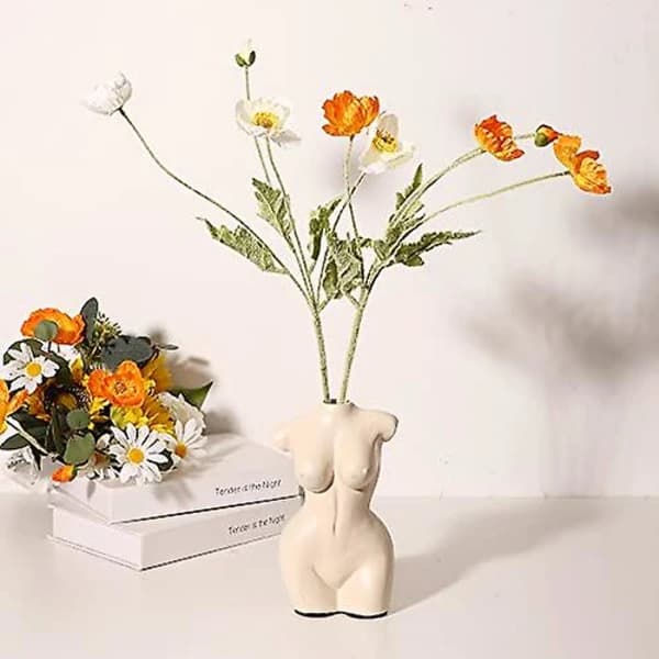 [CA] Kropsvase til badeværelsesindretning, Boho Blomster, Vase til minimalistisk, eklektisk, toiletskabsindretning, beige, kropsformet