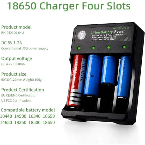 Batterilader 18650 Litiumion Oppladbar