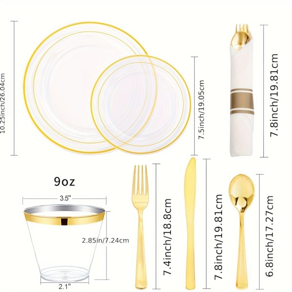 7-delars set (70 delar) genomskinliga guldplasttallrikar - Guldplastbestickset (YJD) Clear And Golden