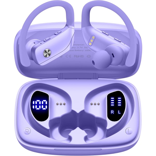 Langattomat kuulokkeet Bluetooth-kuulokkeet 48 tunnin toistoajalla, urheilukuulokkeet LED-näytöllä, over-ear-nappikuulokkeet korvakoukuilla, sisäänrakennettu mikrofonikuuloke treeniin Lila