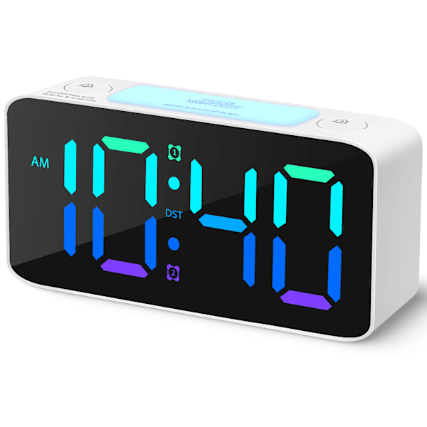 Super Høy Alarmklokke for Tunge Sovere Voksne, Digital Klokke med 7 Farger Nattelys, USB-Lader, Små Klokker for Soverom, Justerbar Volum - Hvit white