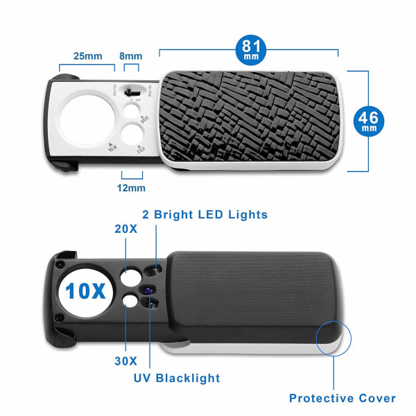 Gullsmed Lupe Forstørrelsesglass med UV LED-lys, 10X 20X og 30X Utvid Lomme Forstørrelsesglass for Smykker Diamanter Edelstener Mynter Frimerker Steiner K...