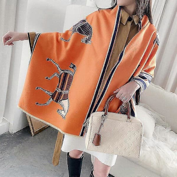 Lång sjal för kvinnor, imiterad kashmir, hästtryck, orange