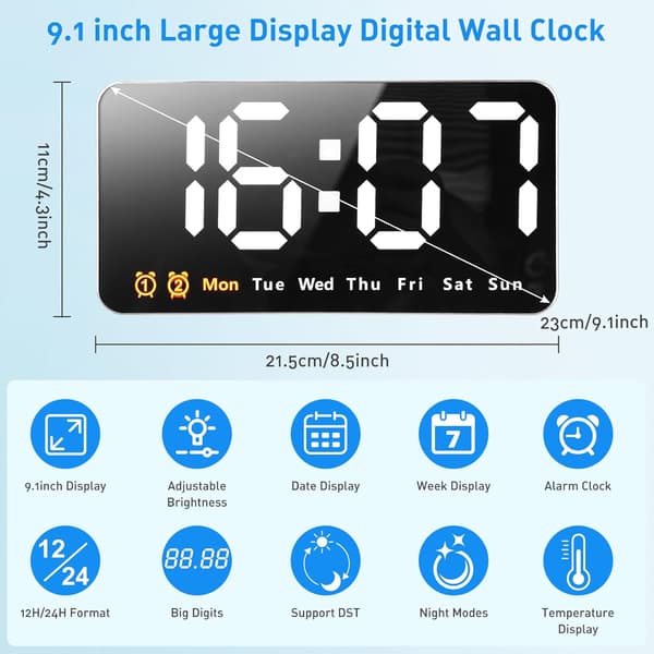 Stor digital väggklocka, digital LED-väggklocka med 3 justerbara ljusstyrkor[ca]