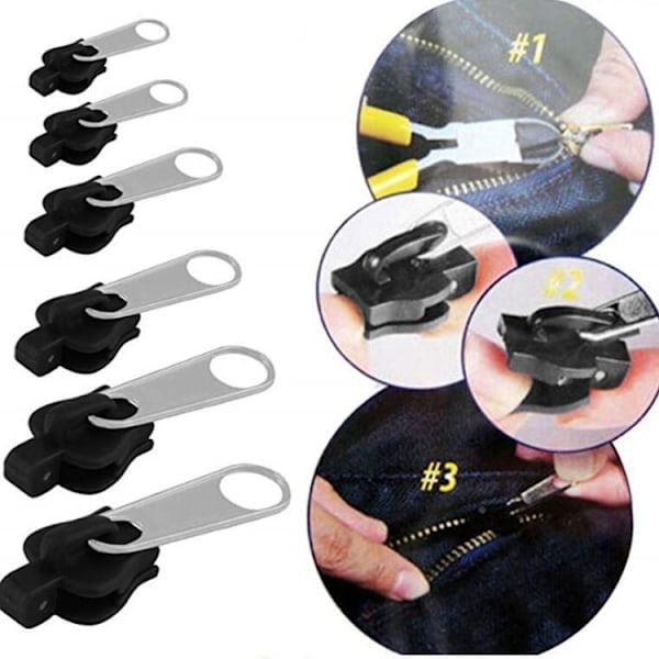 INF Blixtlåsdragare Dragkedja 6-pack/3 storlekar Svart