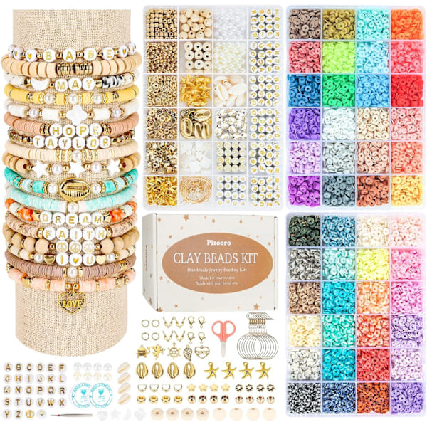 Lerperler 3 Skuffer Armbåndsfremstillingssæt, 10500 stk. Perler til Smykkefremstilling, Runde Bogstavperler med Charms og Elastiske Snore, Ven[sk...