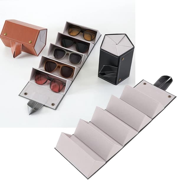 Hængende solbrilleorganizer, foldbar PU-læder brilleholder til flere briller, mænd og kvinder, sort