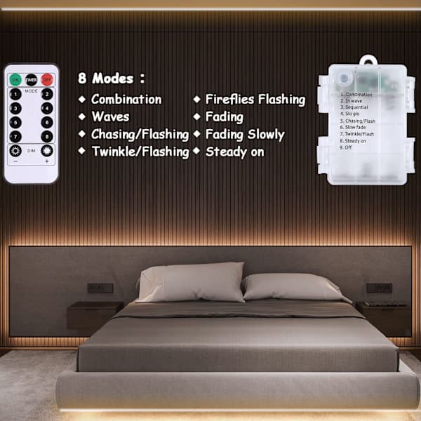 3m Batteridrevne LED-lys med fjernkontroll, 90 LED-lys vanntette, 8 moduser, dimbar, timer, selvklebende, klippbare (varmhvit)