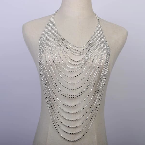 2025 Seneste Model Fuld Strass Kropskæde Krystal Krydset BH Kropskæde Halskæde Boho Multilags Kostume Brystkæde Strand Se