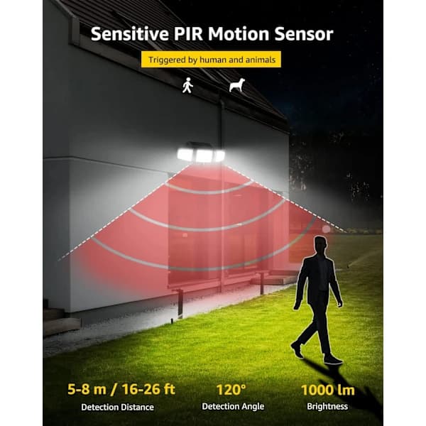 72 LED Solcellslampor Utomhus Rörelsesensor 1200LM 6500K, 360° Roterbar