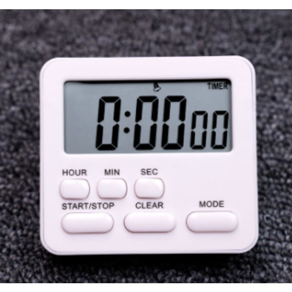 24-timers digital køkkenur, stor skærm, høj alarm, hvid