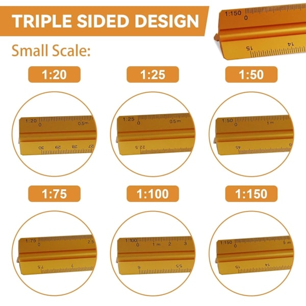 2 trekantede linealer 1:20, 1:25, 1:50, 1:75, 1:100, 1:125 og 1:100, 1:200, 1:250, 1:300, 1:400