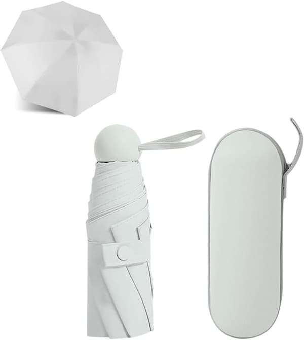 Mini reise paraply, 8 spiler, vind- og regnbestandig, UV-beskyttelse, 19 cm foldet, med etui, reise og daglig bruk, hvit