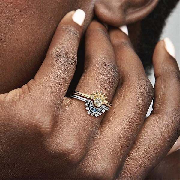 Celestial Sun and Moon Ring Set, Sparkling Sun Moon Ring with 14k Gold/Silver Plating