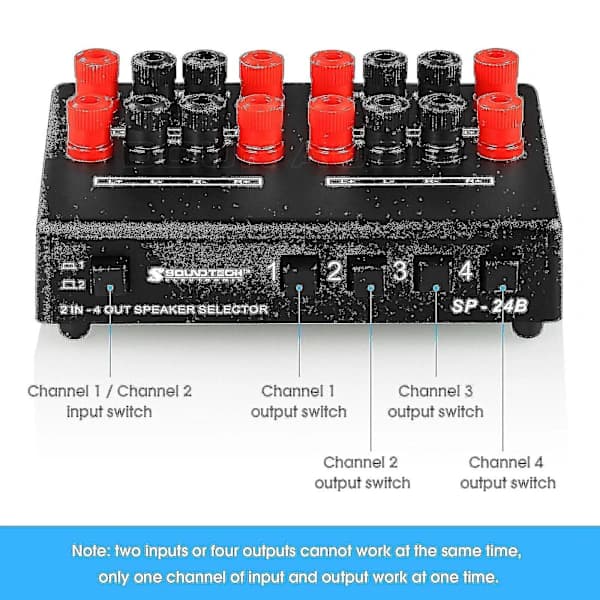 Mini 2-ind-4-ud Stereo Lydvælger Forstærker Switchbox Højttalersplitter Ny