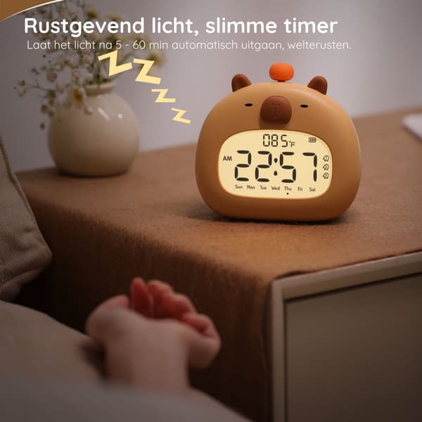Digitalt vækkeur til børn, kapivar søvntræner med dæmpbart natlys, snooze og USB-C genopladeligt, til drenge og piger