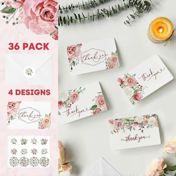 [CA] 36-pack Rosblommiga Tackkort Bröllop Grattiskort Present Med Kuvert