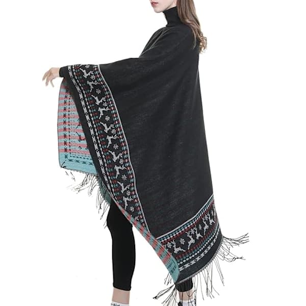 1 stk. Sort Fleece Poncho Dame Kappe Retro Åben Kvinde Vinter