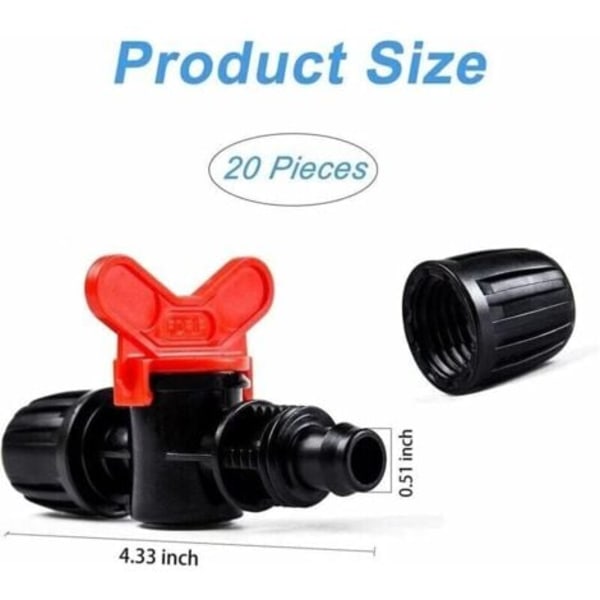 20-pack 16 mm PE droppbevattningsventiler med hullingförsedd låskoppling - Slår på/av vattenflödet..ca