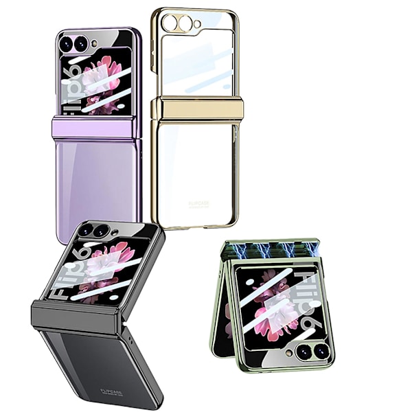 Til Samsung Galaxy Z Flip 6 Plating Gennemsigtigt Cover, Slankt PC Stødsikkert Cover med Magnetisk Hængselbeskyttelse og Ekstern Skærmbeskyttelse